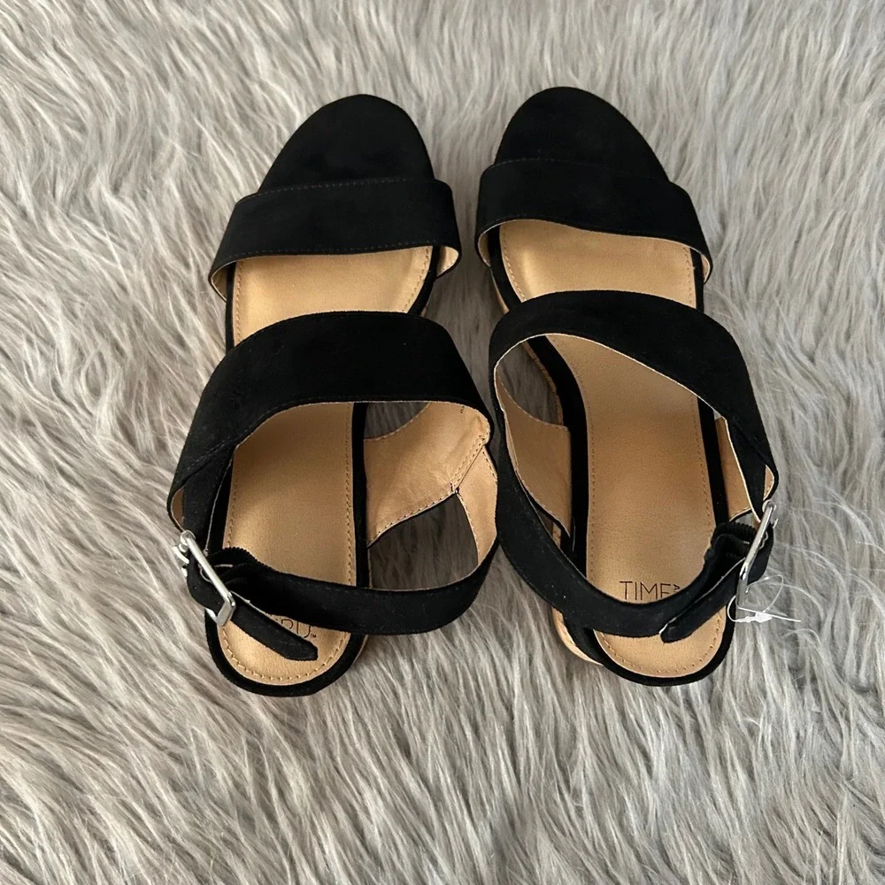 Time And Tru Wedge Sandals Womens Size 9 Black Heeled Sandals Open Toe Shoes